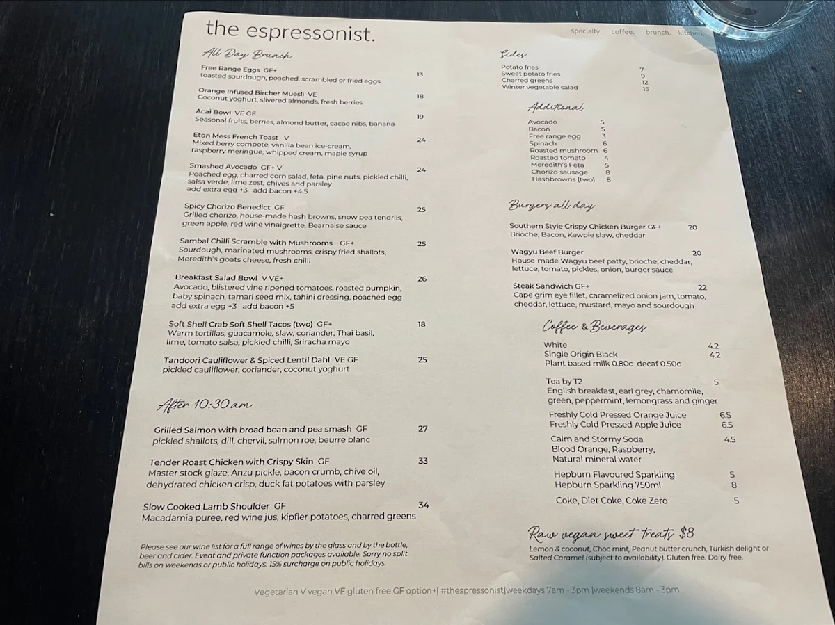 Menu, The Espressonist
