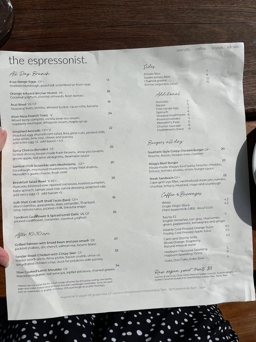 Menu, The Espressonist