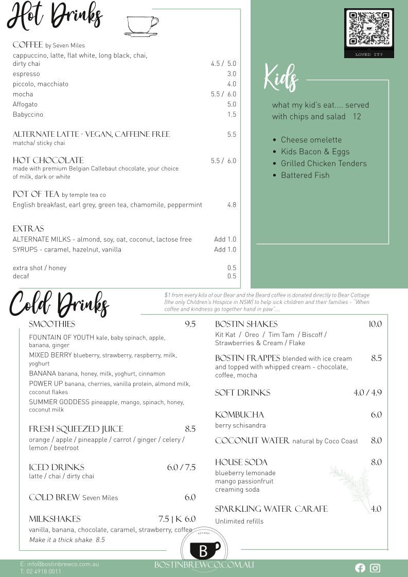 Menu, Bostin Brew Co