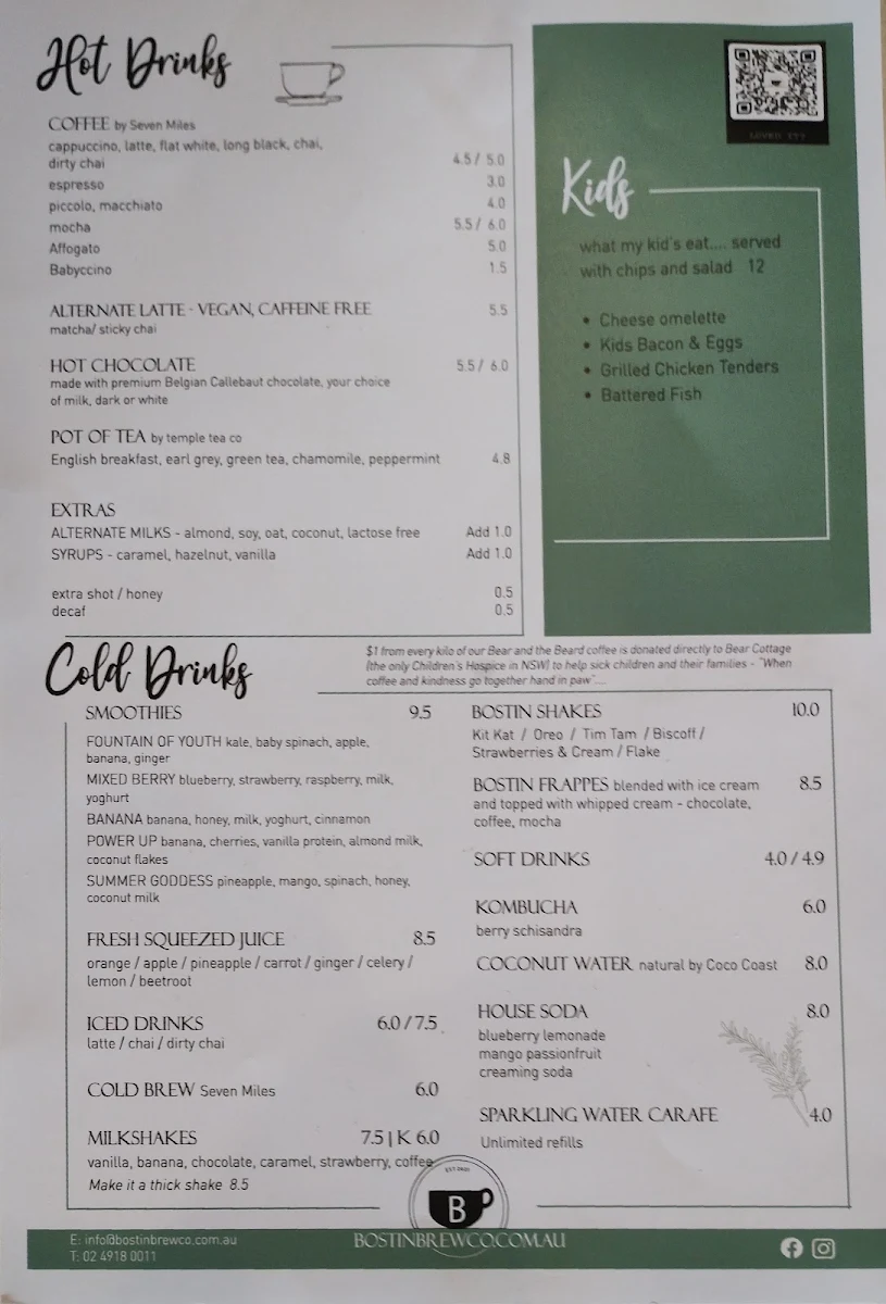 Menu, Bostin Brew Co
