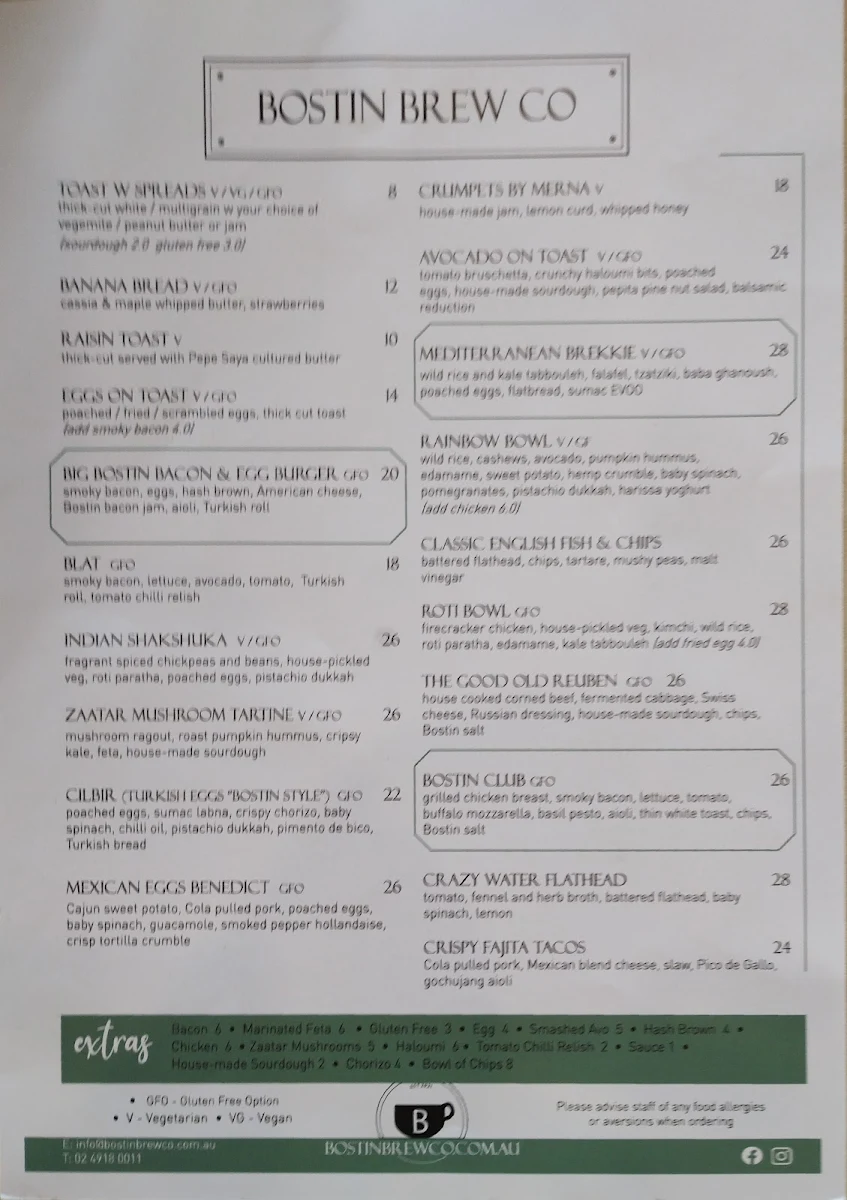 Menu, Bostin Brew Co