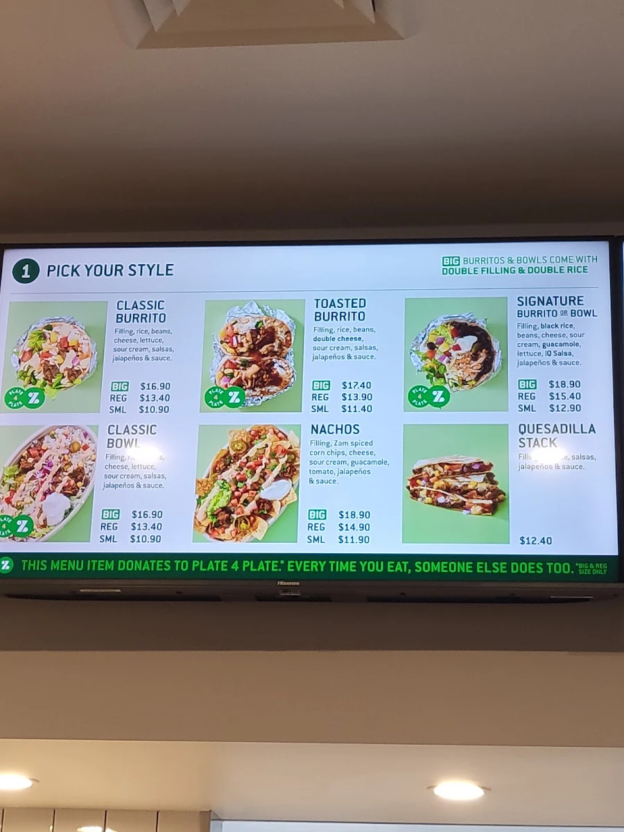 Menu, Zambrero Box Hill