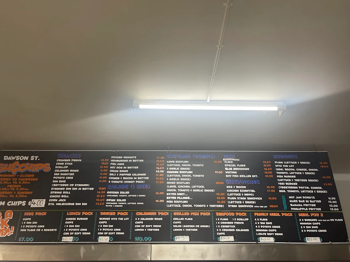 Menu, Dawson St. Fish & Chips Tullamarine VIC