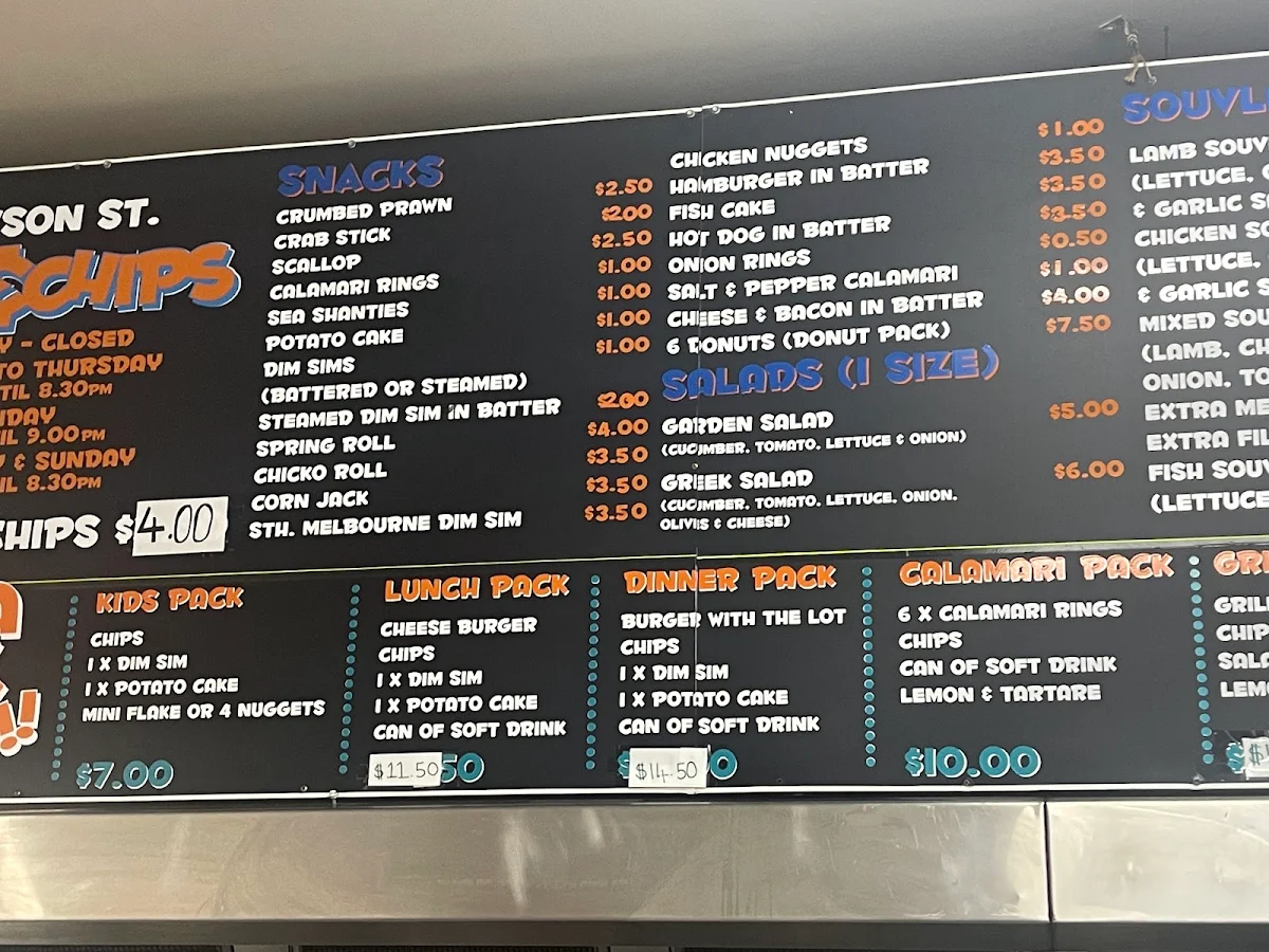 Menu, Dawson St. Fish & Chips Tullamarine VIC