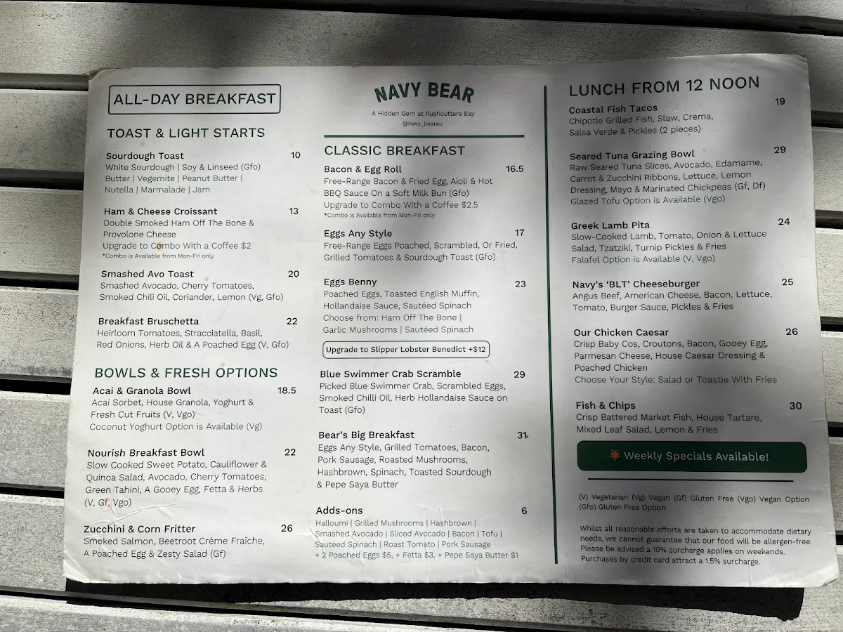 Menu, The Navy Bear