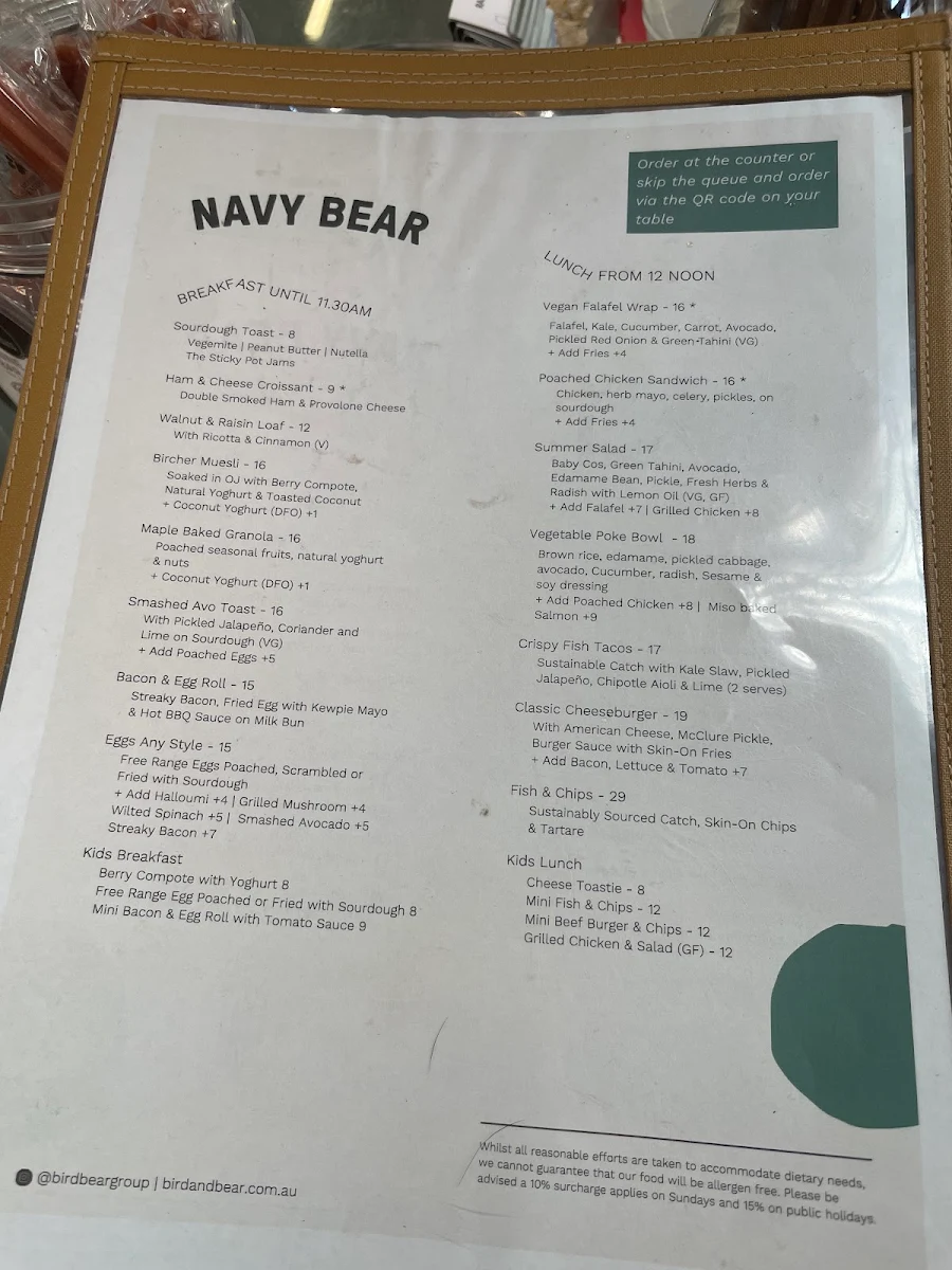 Menu, The Navy Bear