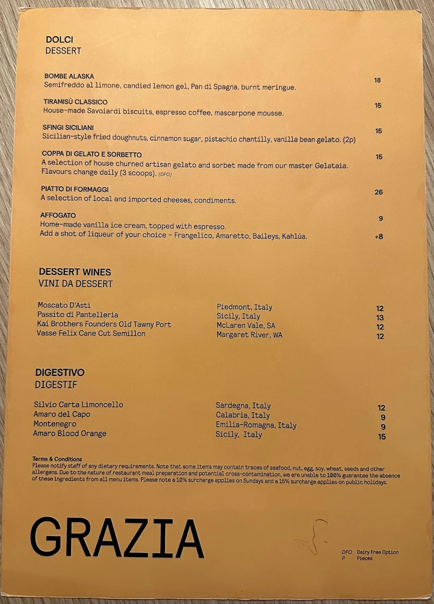 Menu, Grazia Restaurant