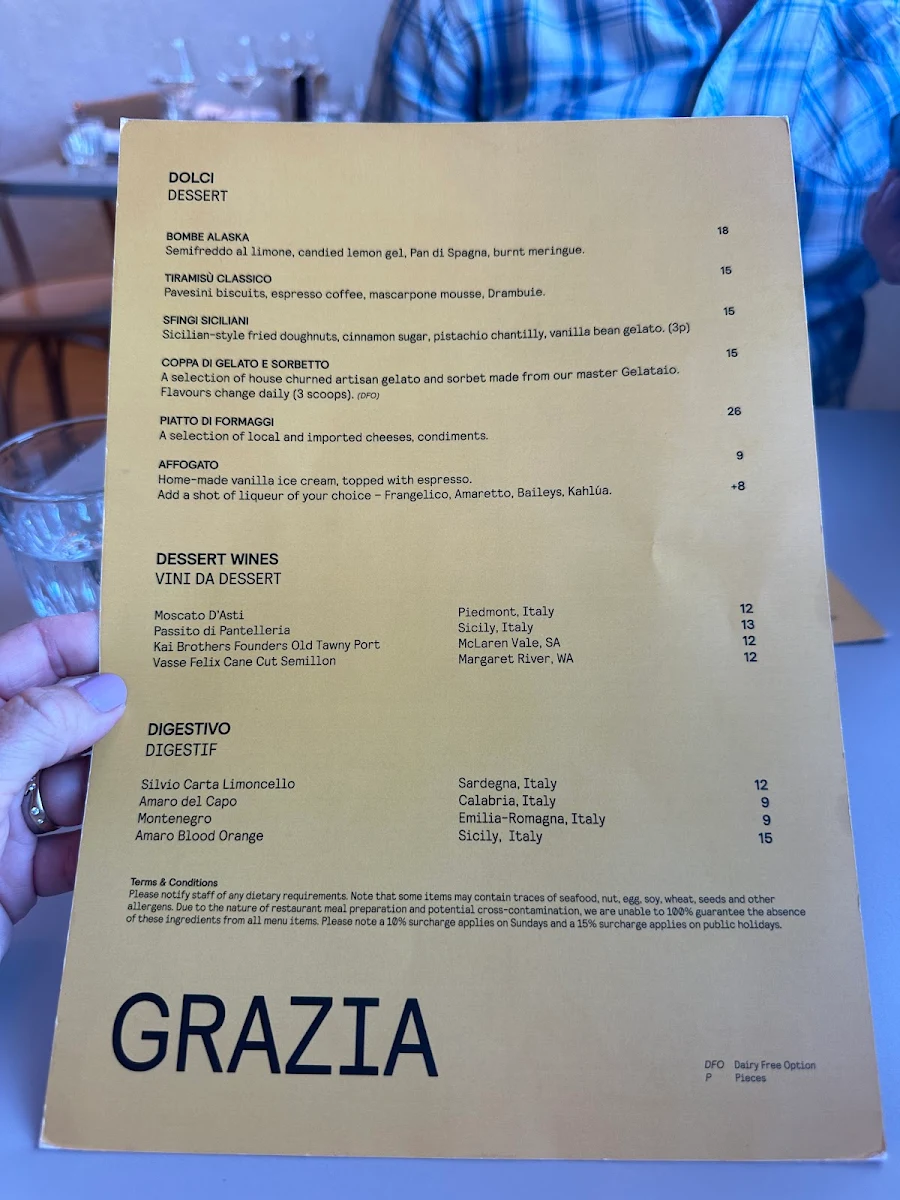 Menu, Grazia Restaurant