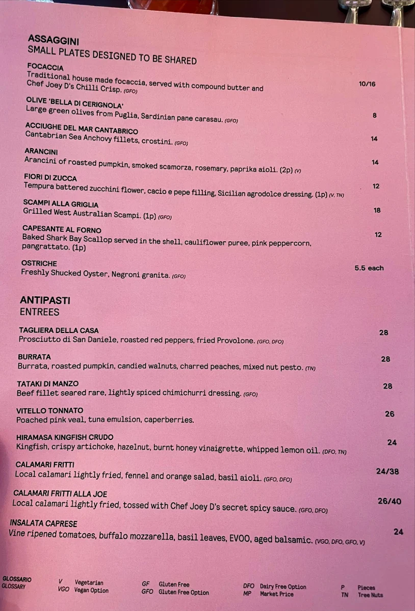 Menu, Grazia Restaurant