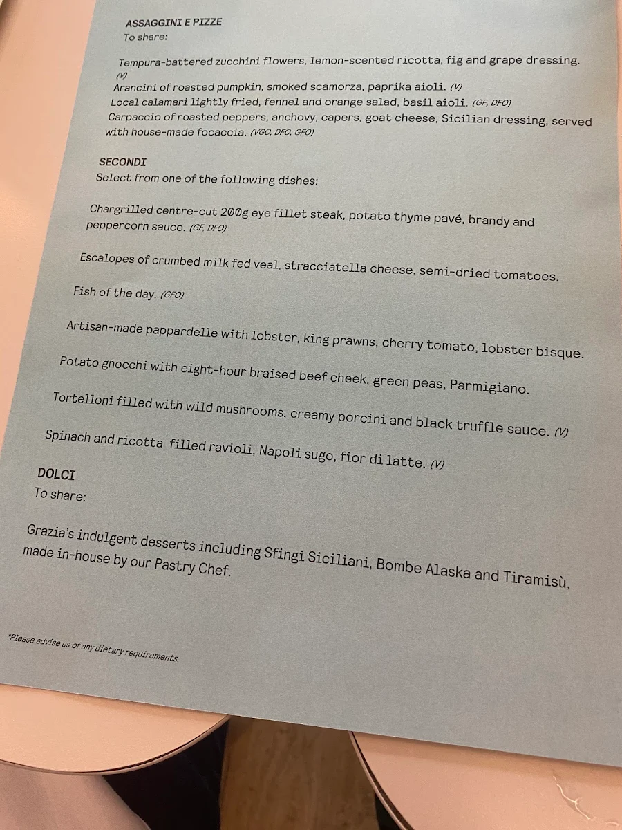 Menu, Grazia Restaurant