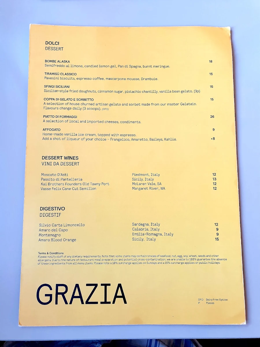 Menu, Grazia Restaurant