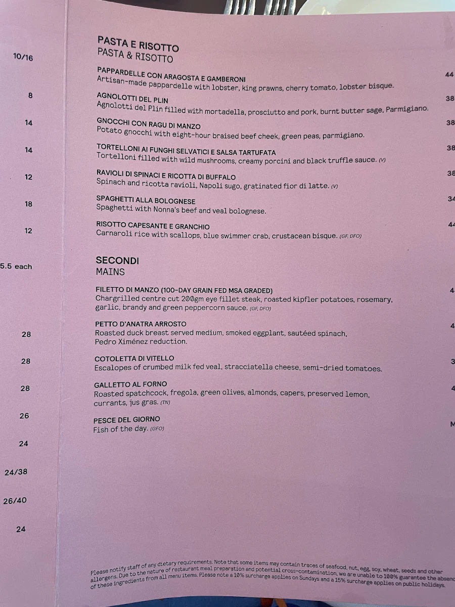 Menu, Grazia Restaurant