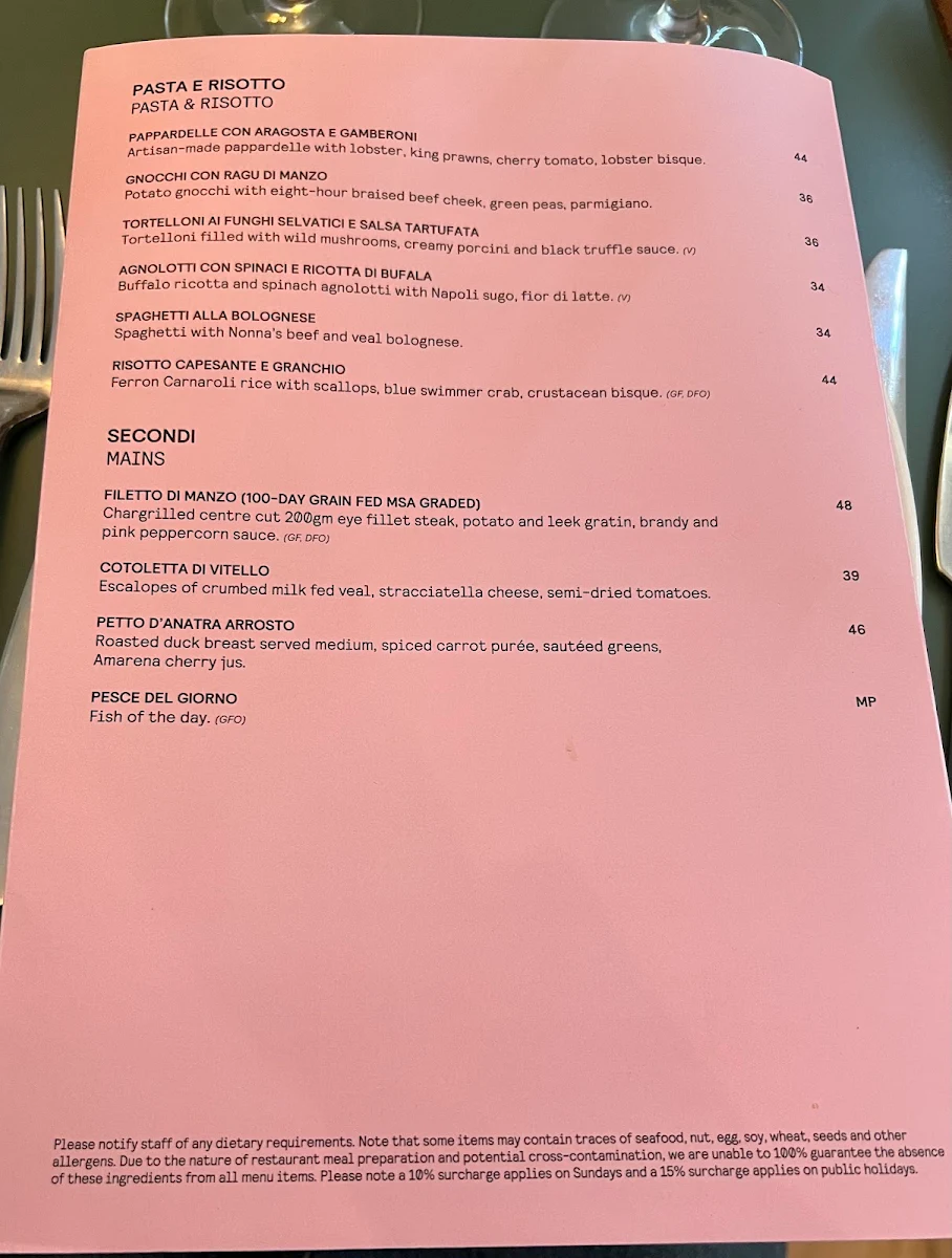 Menu, Grazia Restaurant