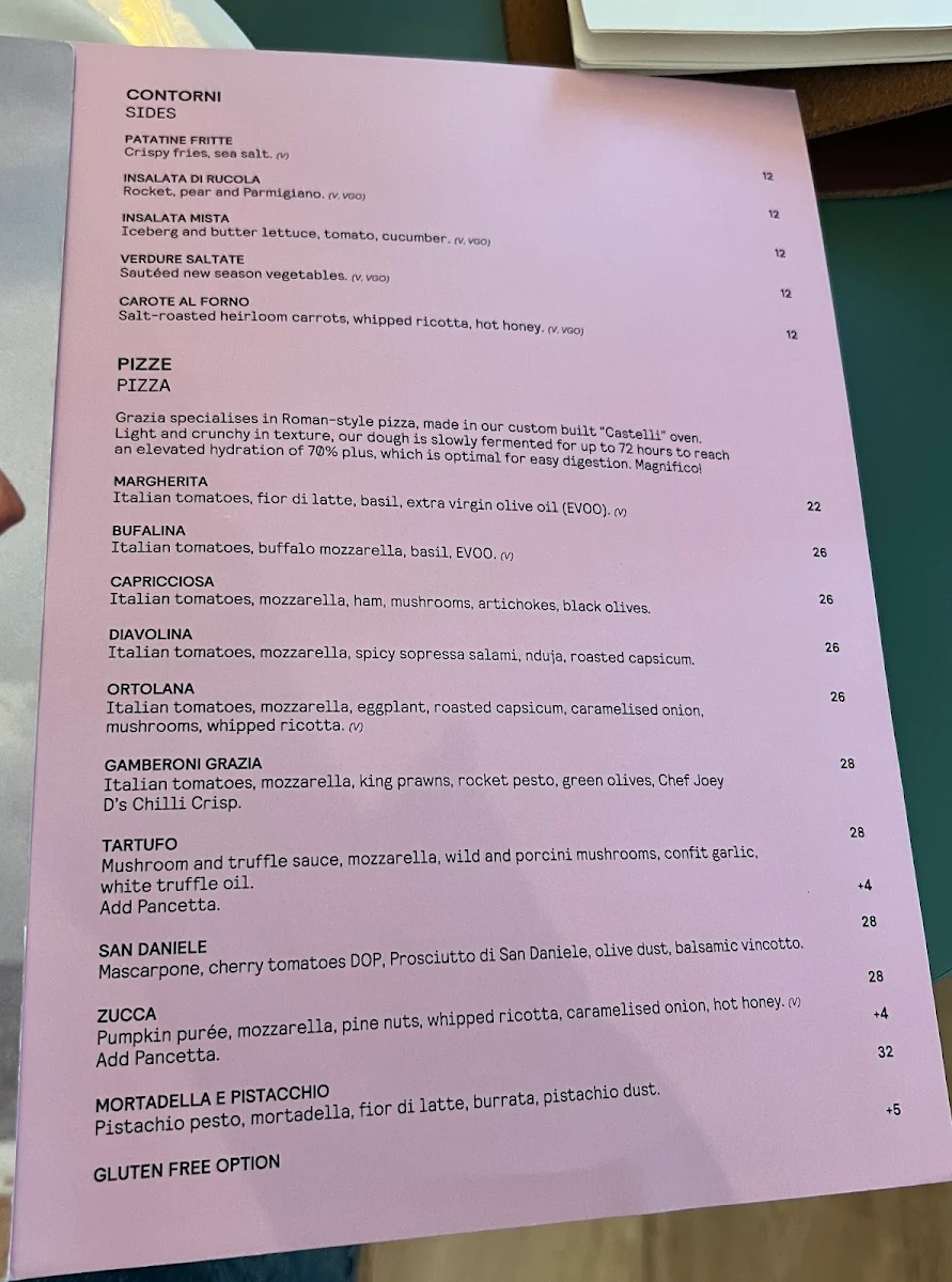 Menu, Grazia Restaurant