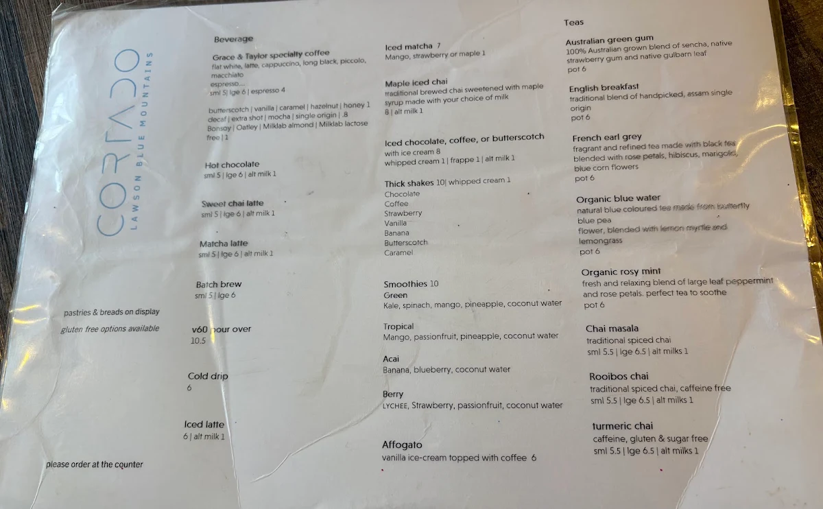 Menu, Cortado Cafe