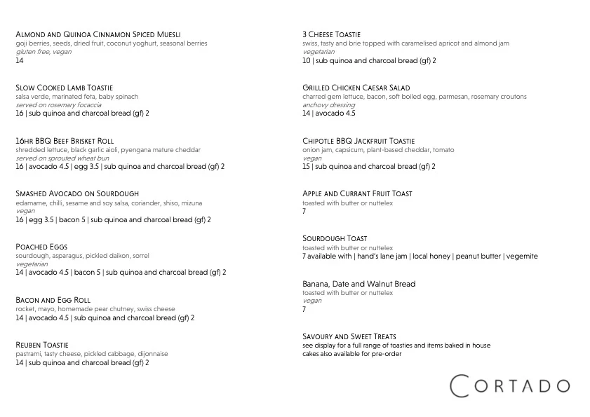Menu, Cortado Cafe