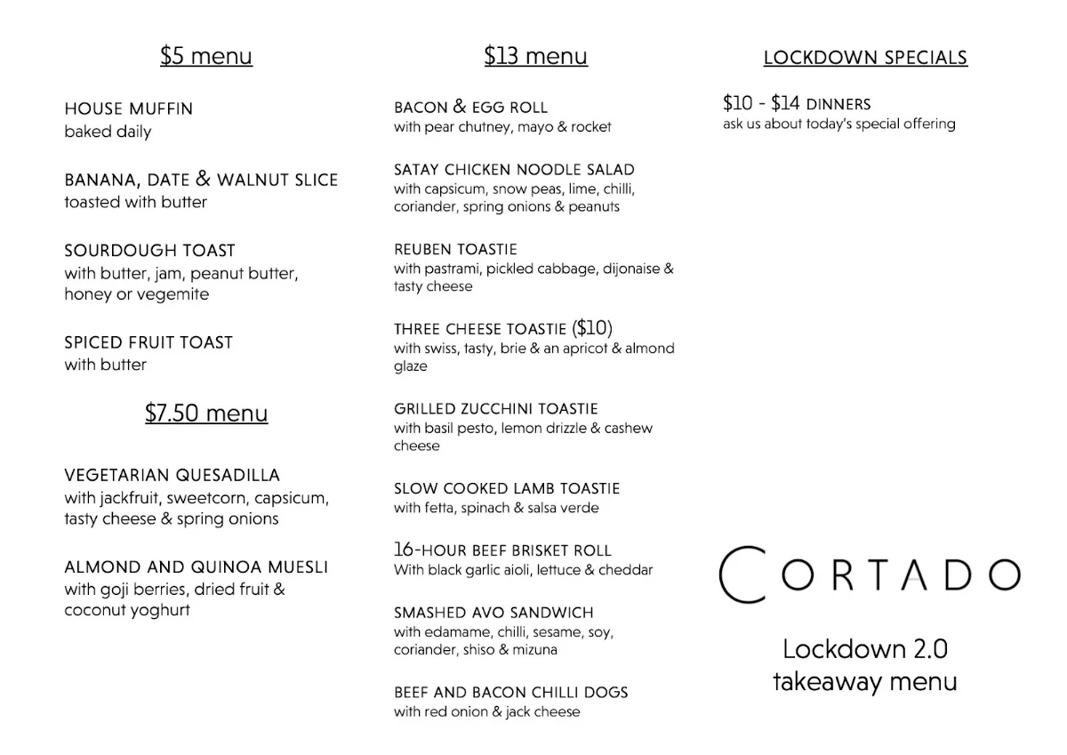 Menu, Cortado Cafe
