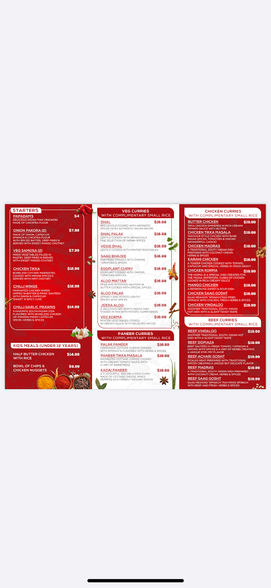 Menu, Wishart curry house