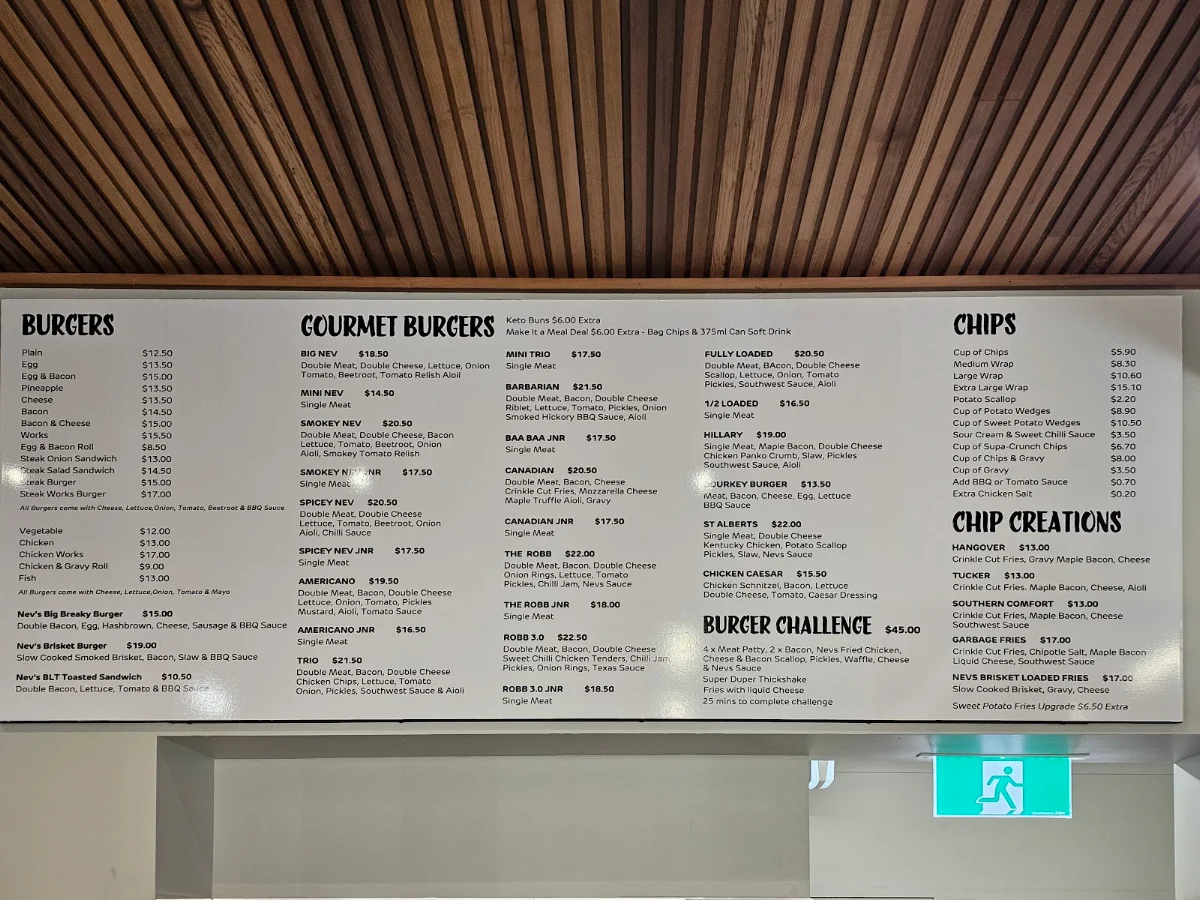 Menu, Neville's Store