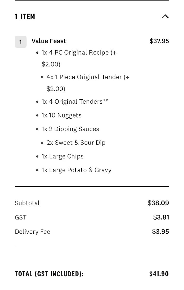 Menu, KFC Bundamba