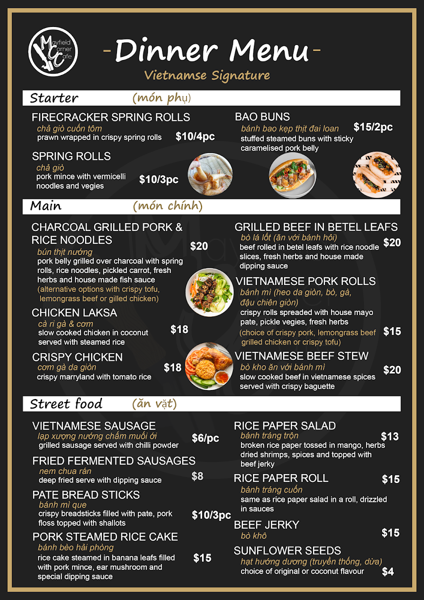 Menu, Mayfield Corner Cafe