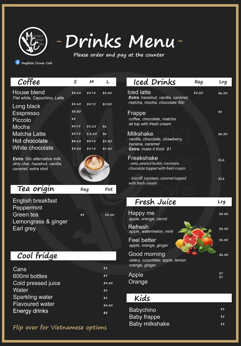 Menu, Mayfield Corner Cafe