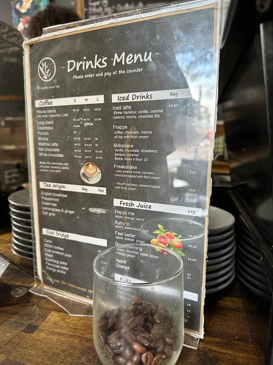 Menu, Mayfield Corner Cafe