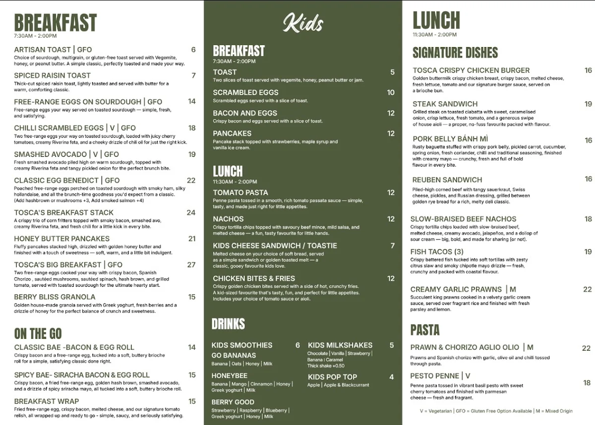 Menu, Tosca’s Cafe