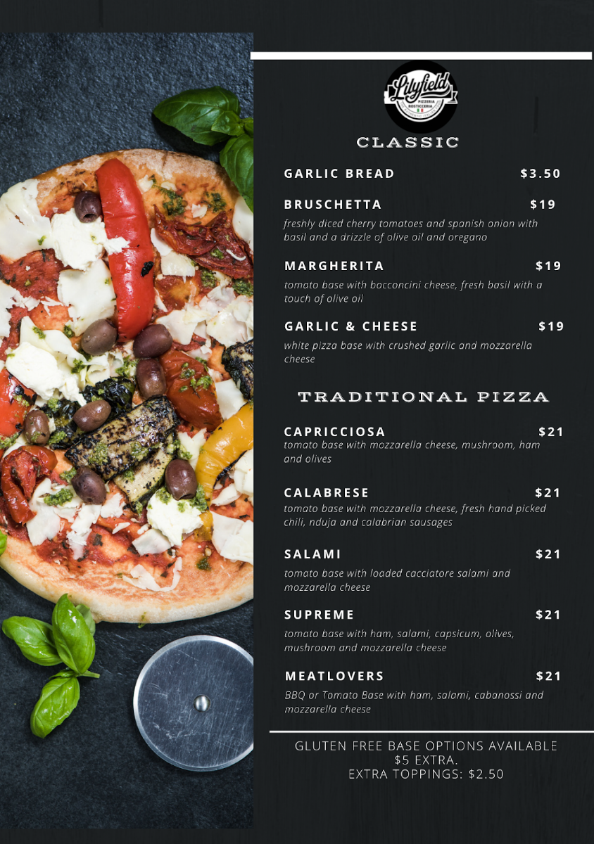 Menu, Lilyfield Pizzeria Rosticceria