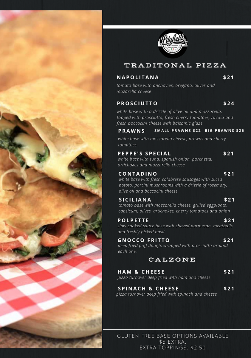 Menu, Lilyfield Pizzeria Rosticceria
