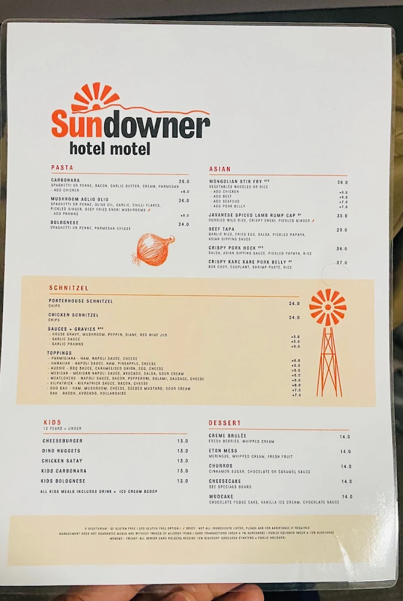 Menu, Sundowner Hotel
