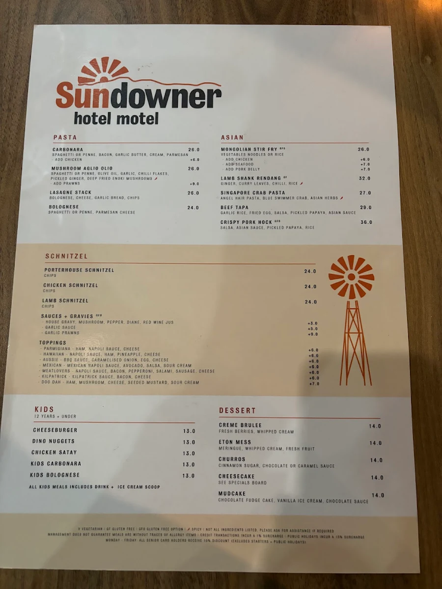 Menu, Sundowner Hotel