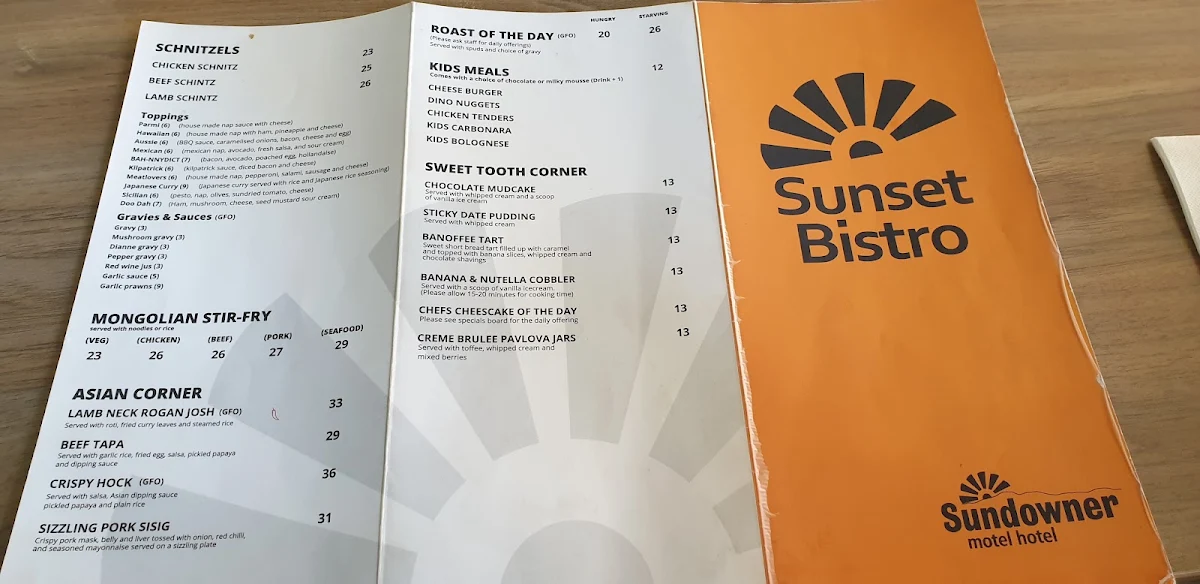 Menu, Sundowner Hotel
