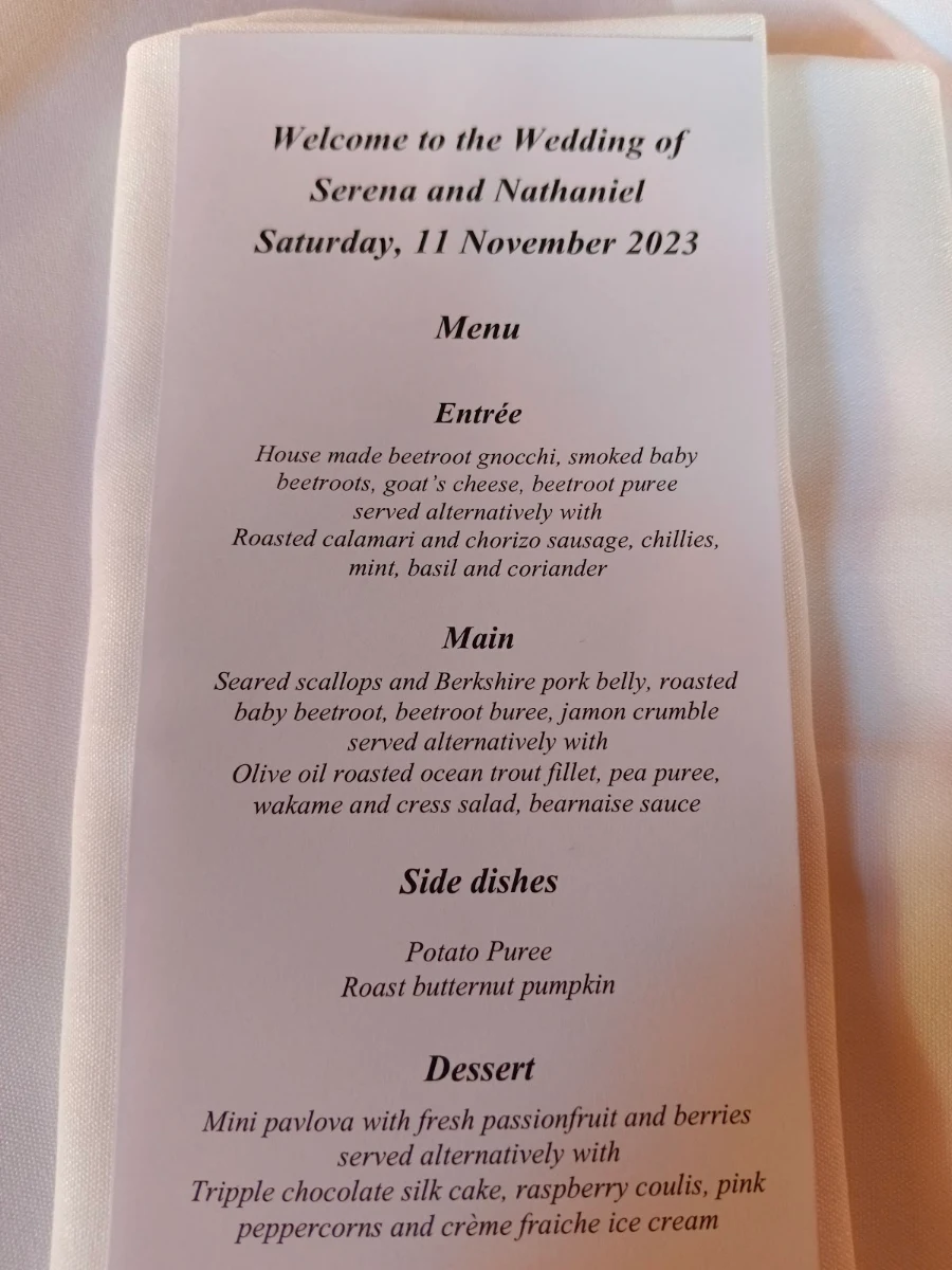 Menu, Circa 1876 Restaurant The Convent Hunter Valley