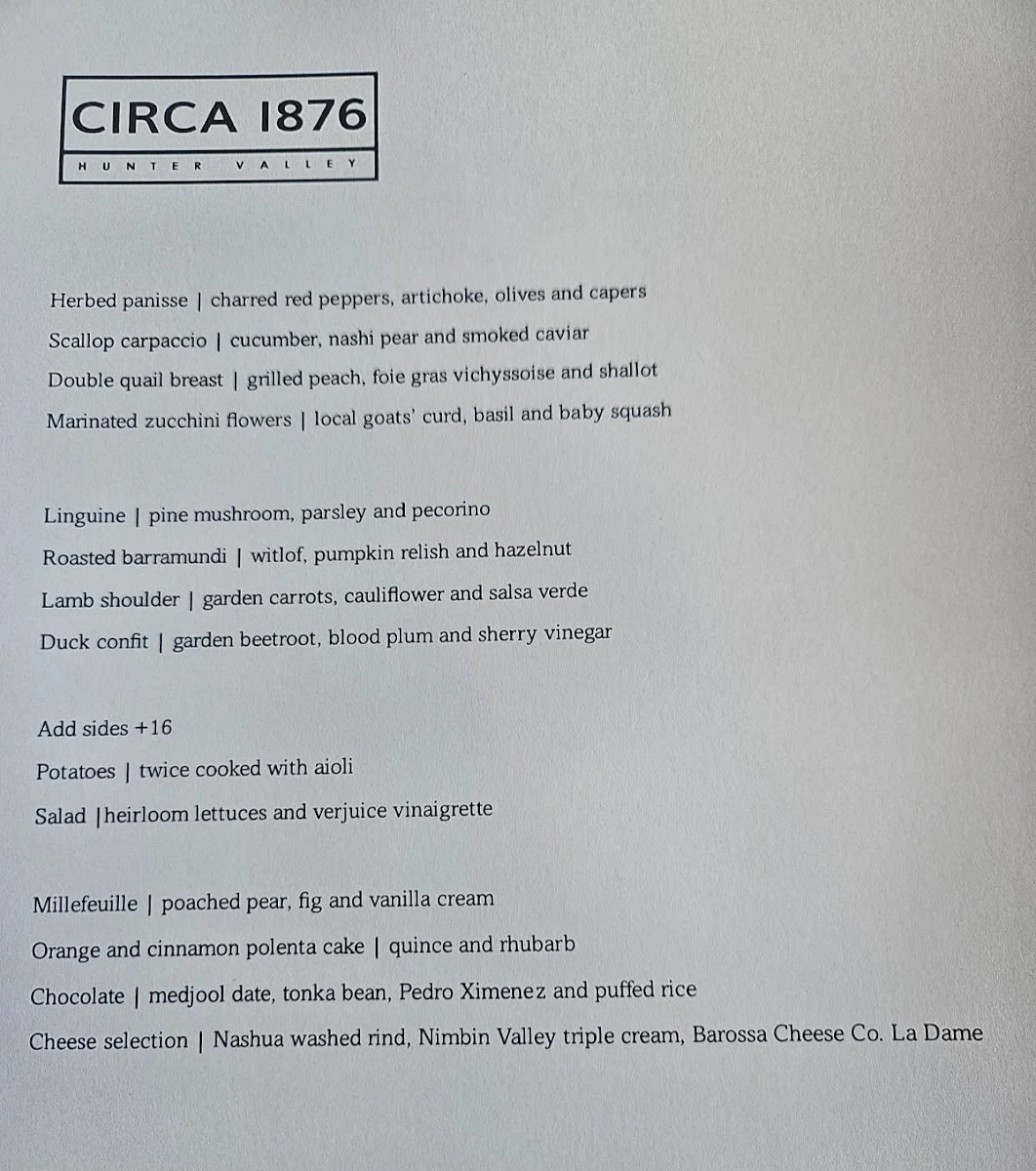 Menu, Circa 1876 Restaurant The Convent Hunter Valley