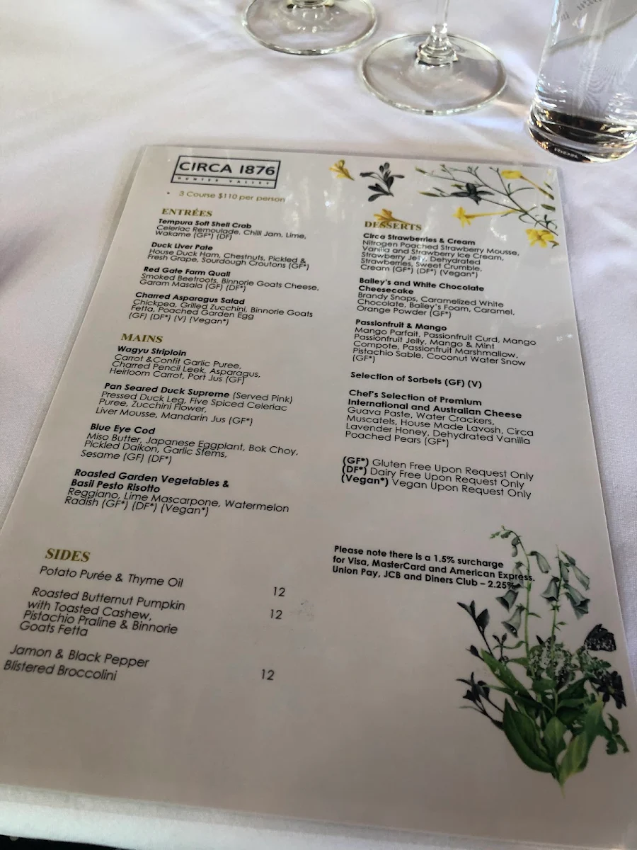 Menu, Circa 1876 Restaurant The Convent Hunter Valley