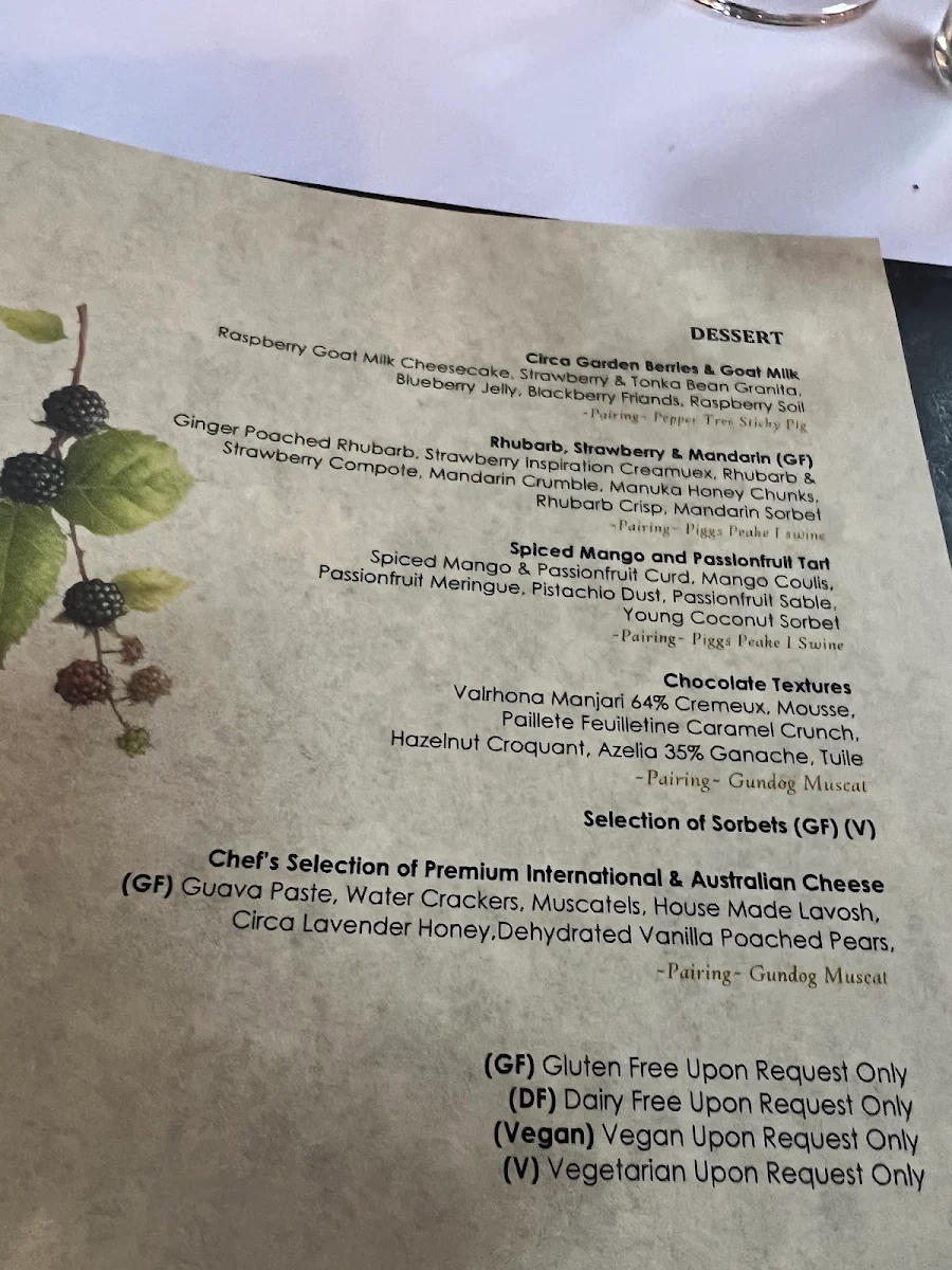 Menu, Circa 1876 Restaurant The Convent Hunter Valley