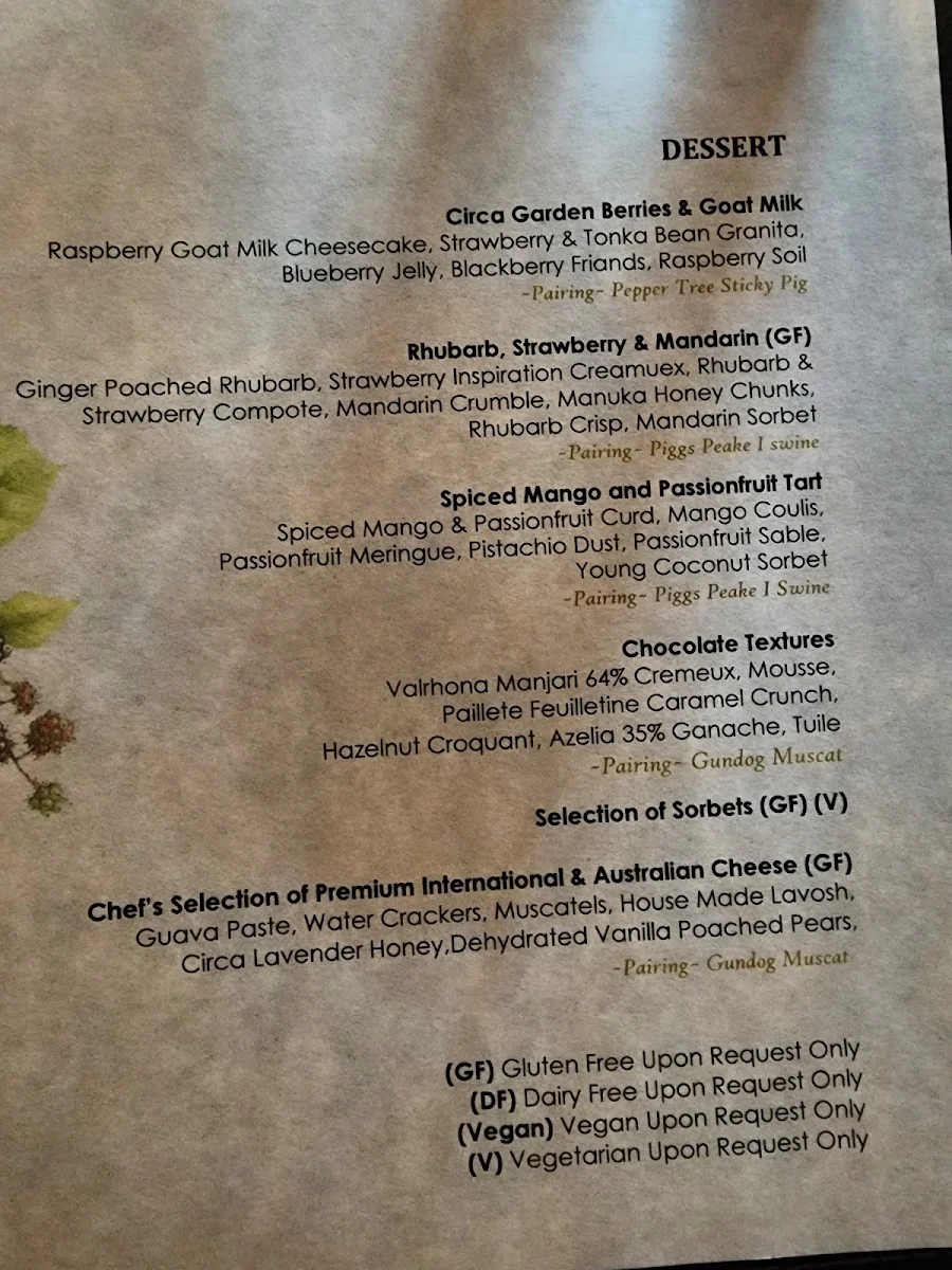 Menu, Circa 1876 Restaurant The Convent Hunter Valley