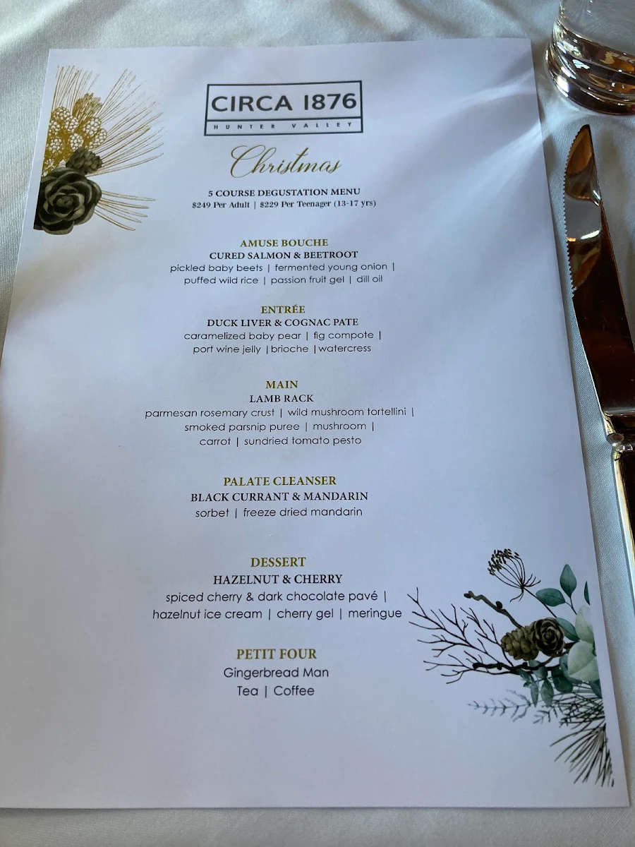Menu, Circa 1876 Restaurant The Convent Hunter Valley