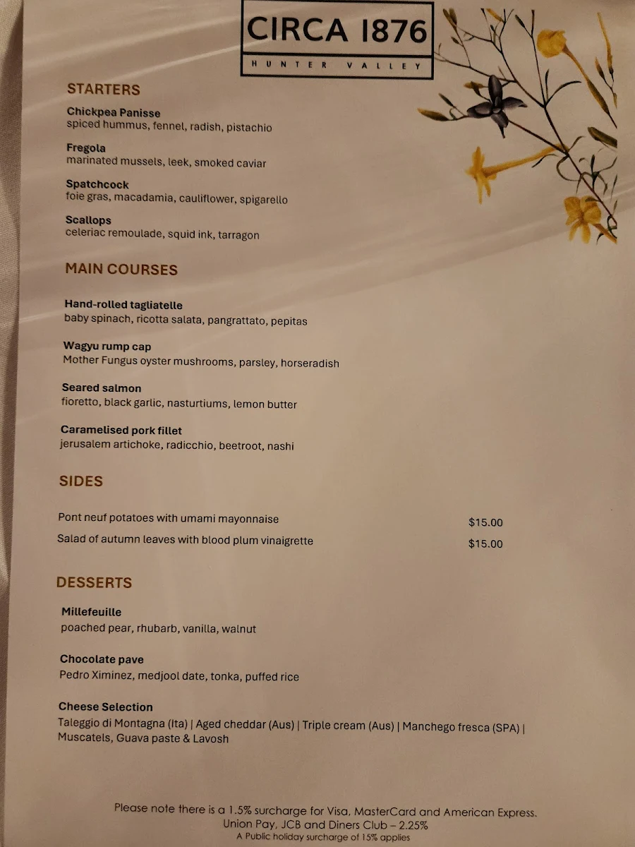 Menu, Circa 1876 Restaurant The Convent Hunter Valley