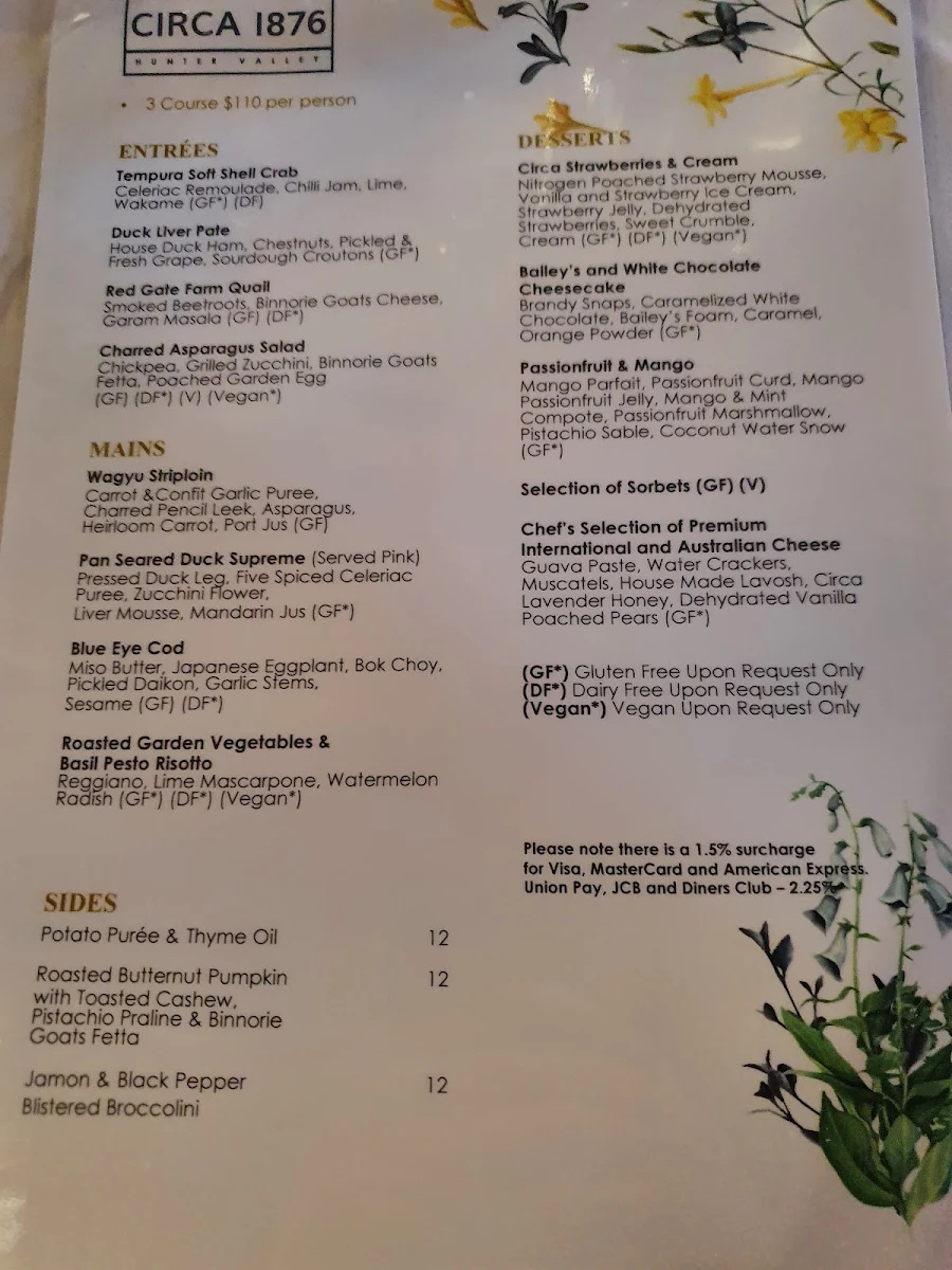 Menu, Circa 1876 Restaurant The Convent Hunter Valley