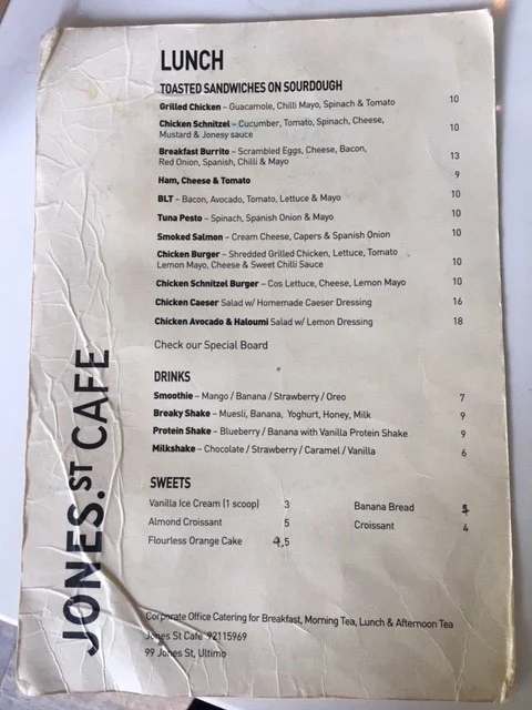 Menu, Jones Street Cafe
