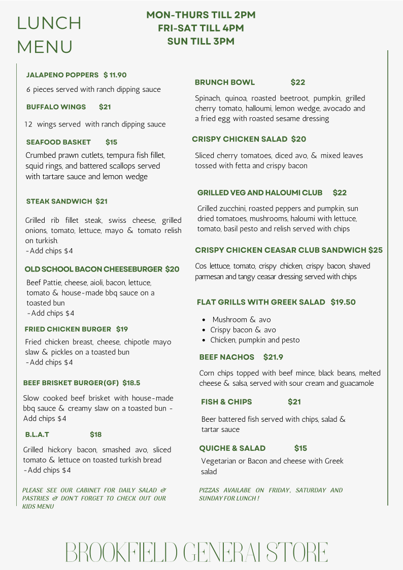 Menu, Brookfield General Store