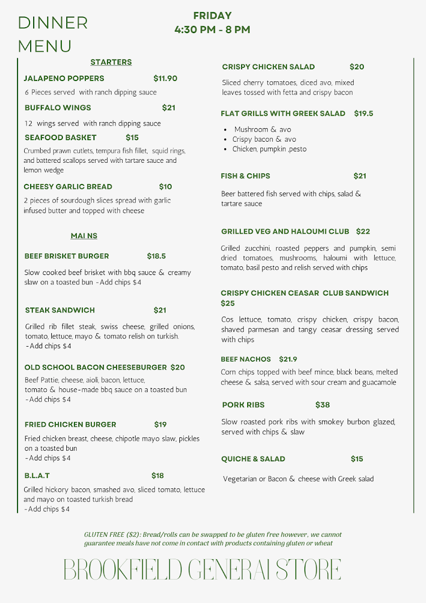 Menu, Brookfield General Store