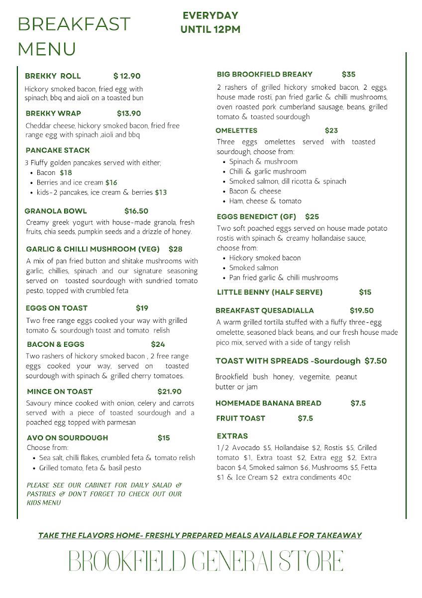Menu, Brookfield General Store