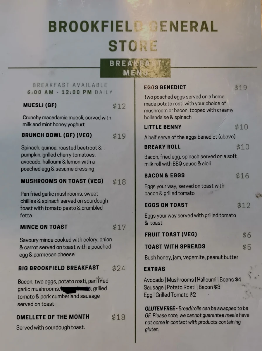Menu, Brookfield General Store