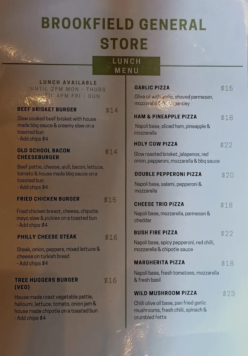 Menu, Brookfield General Store