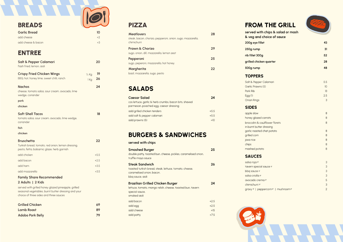 Menu, Springfield Tavern