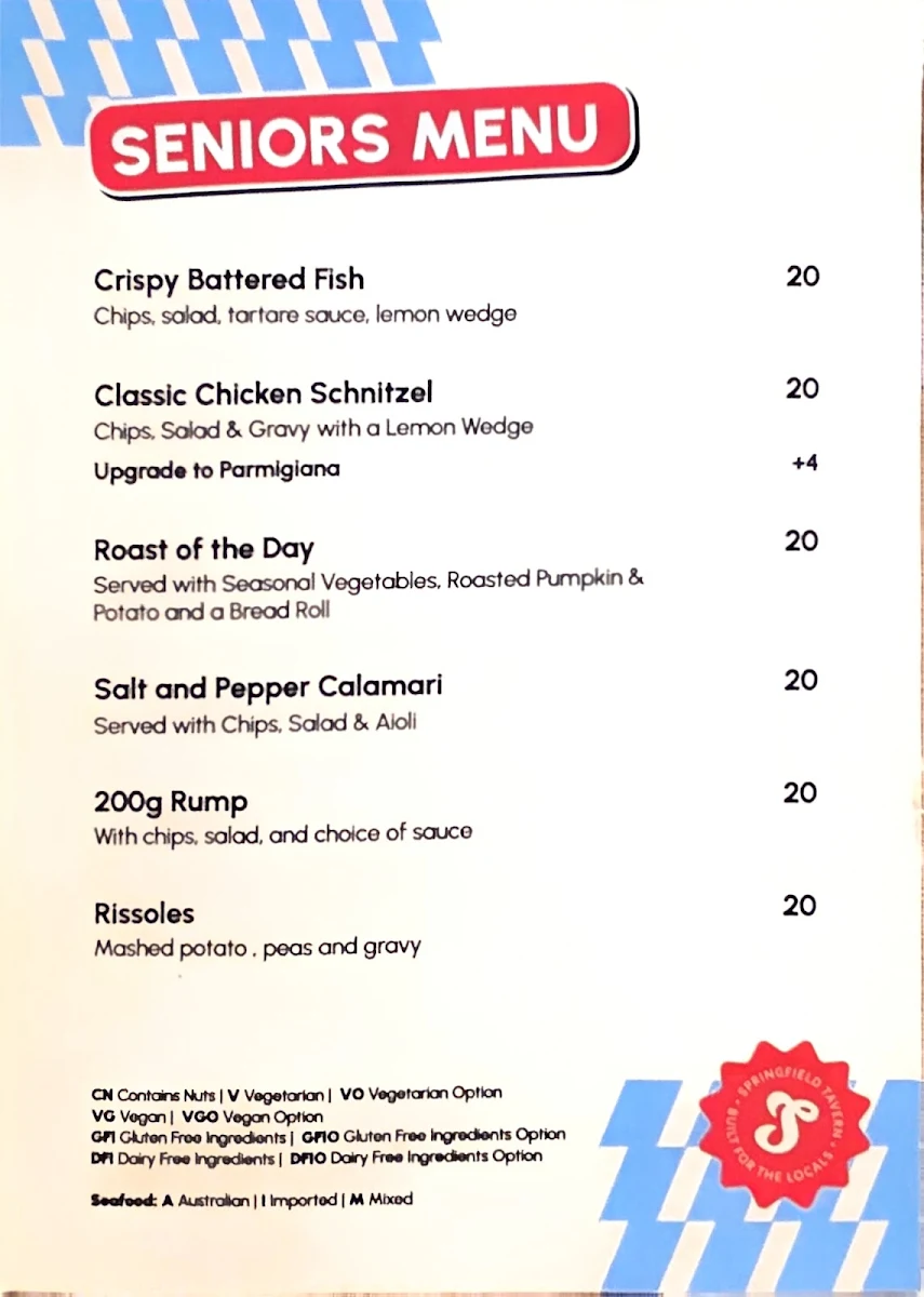 Menu, Springfield Tavern