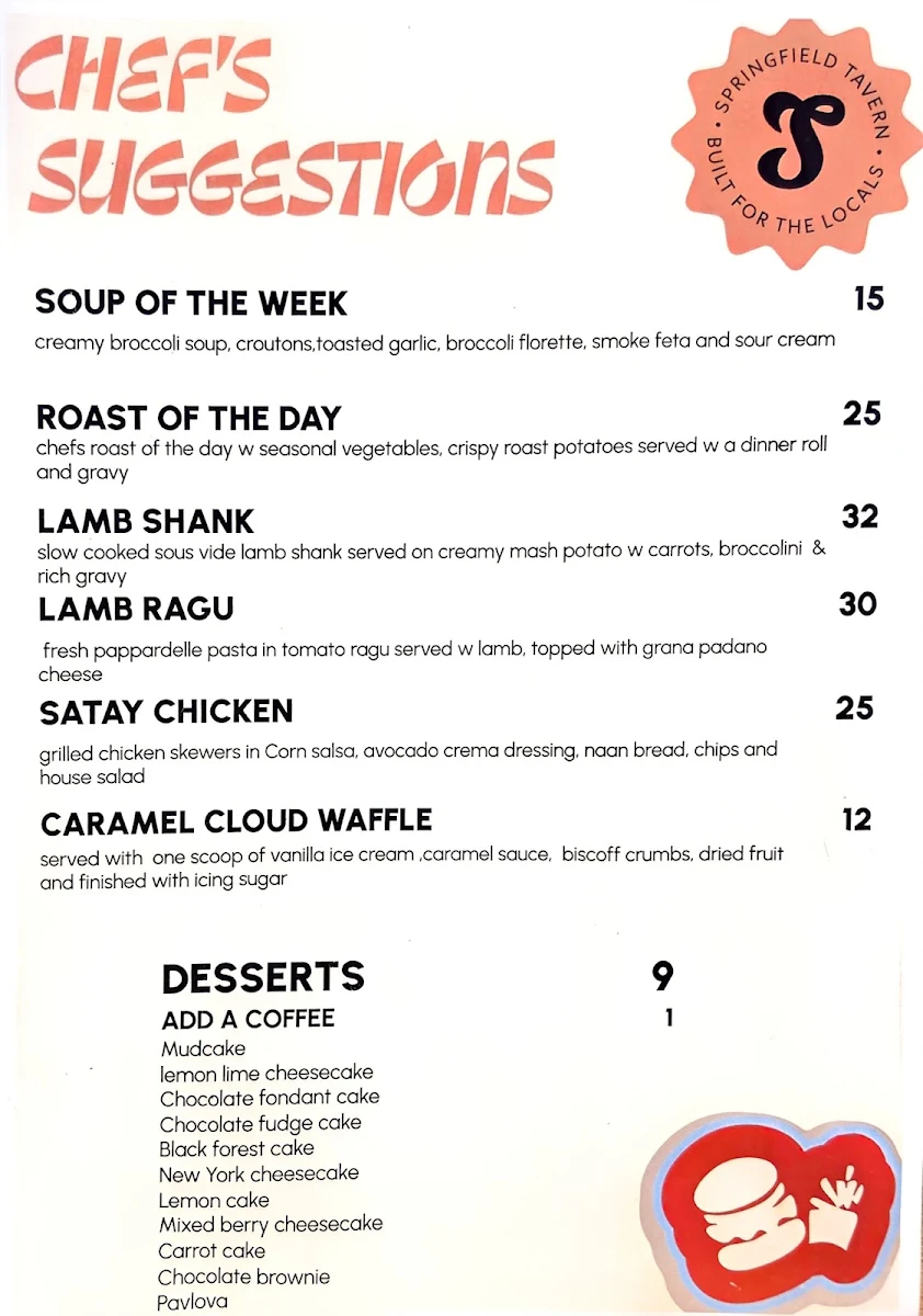 Menu, Springfield Tavern